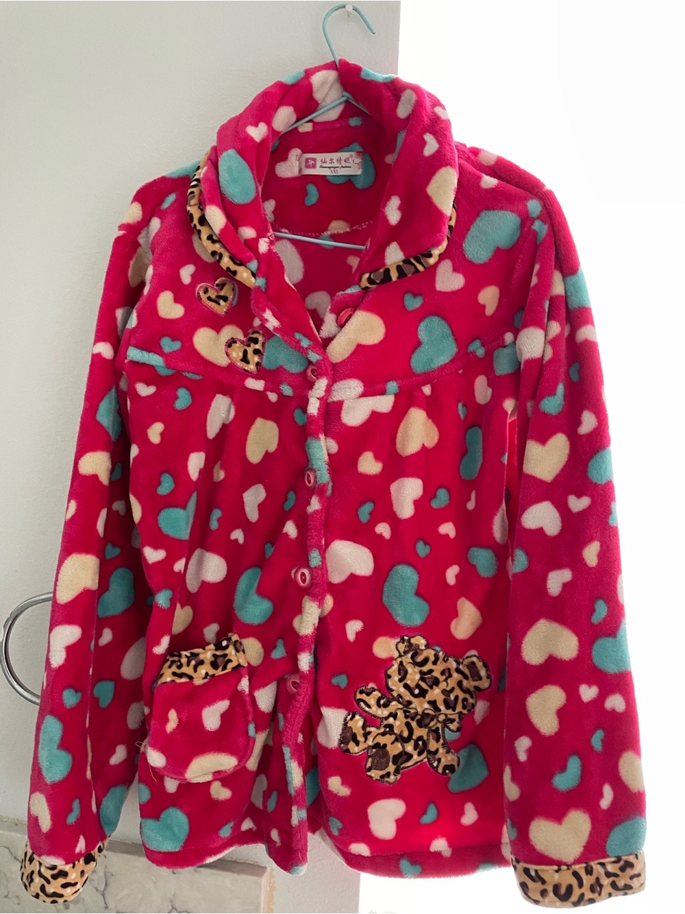 Kids Pink & Teal Polka Dot Plush Pajama Top - XXL